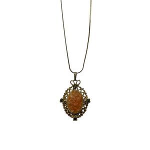 Vintage Gold Tone Filigree Pendant Necklace Orange Stone Green Gems Retro